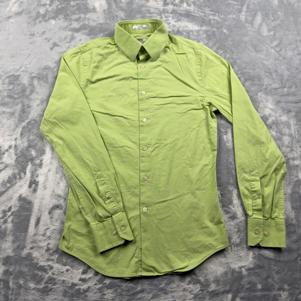 Express 1MX Fitted Dress Shirt Mens XS Lime Green Stretch Cotton Button Down